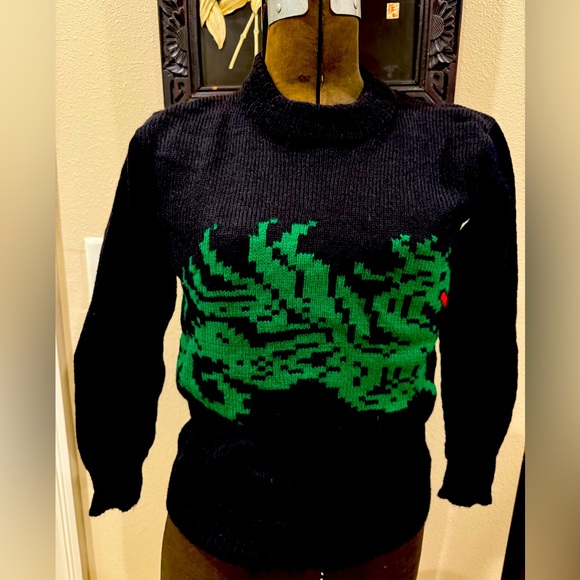 Vintage Wool Sweater with Pixelated Green Fire-Breathing Dragon - Picture 1 of 10